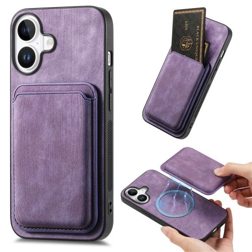 D12 For iPhone 16 Case Leather+TPU Retro Phone Cover with Detachable Card Slot - Purple