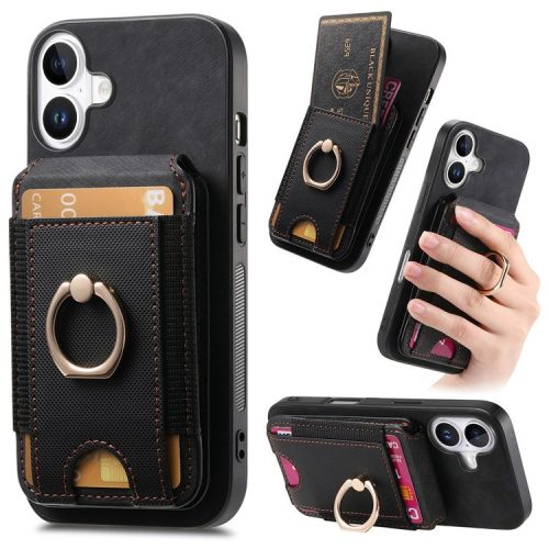 D14 For iPhone 16 Case Vertical Flip Card Holder Ring Holder Kickstand Anti-Fall Cover - Black