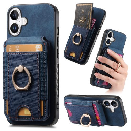 D14 For iPhone 16 Case Vertical Flip Card Holder Ring Holder Kickstand Anti-Fall Cover - Blue