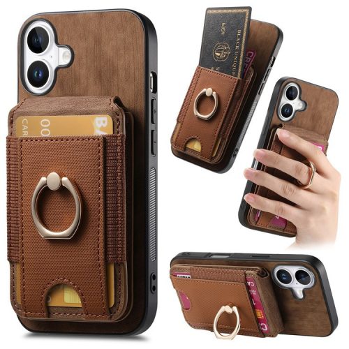 D14 For iPhone 16 Case Vertical Flip Card Holder Ring Holder Kickstand Anti-Fall Cover - Brown