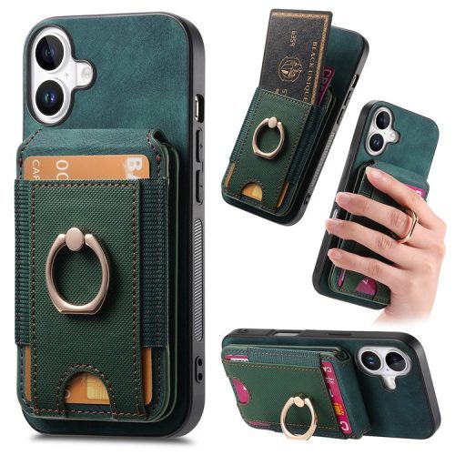 D14 For iPhone 16 Case Vertical Flip Card Holder Ring Holder Kickstand Anti-Fall Cover - Green