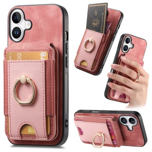 D14 For iPhone 16 Case Vertical Flip Card Holder Ring Holder Kickstand Anti-Fall Cover - Pink