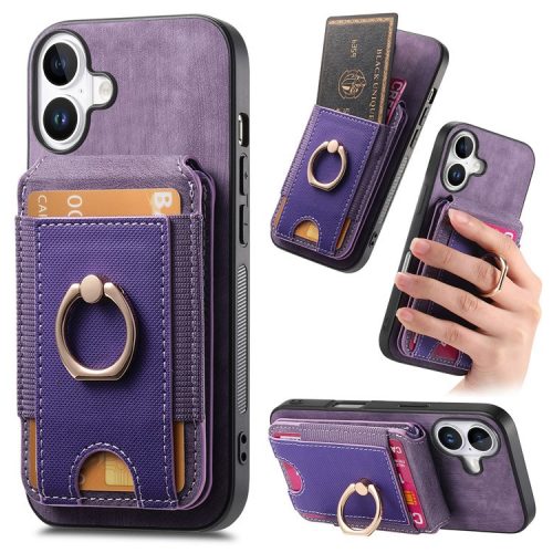 D14 For iPhone 16 Case Vertical Flip Card Holder Ring Holder Kickstand Anti-Fall Cover - Purple