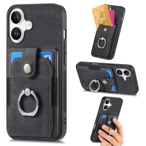 D2 for iPhone 16 Case Kickstand Leather+TPU Non-Slip Protective Cover Card Slots - Black