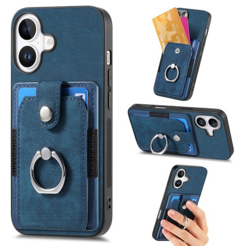 D2 for iPhone 16 Case Kickstand Leather+TPU Non-Slip Protective Cover Card Slots - Blue