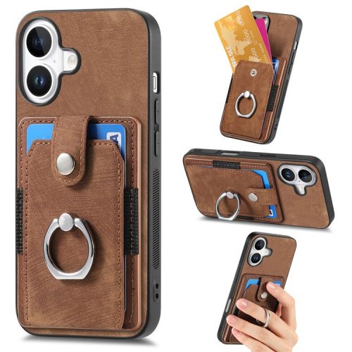 D2 for iPhone 16 Case Kickstand Leather+TPU Non-Slip Protective Cover Card Slots - Brown