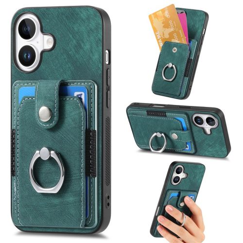 D2 for iPhone 16 Case Kickstand Leather+TPU Non-Slip Protective Cover Card Slots - Green