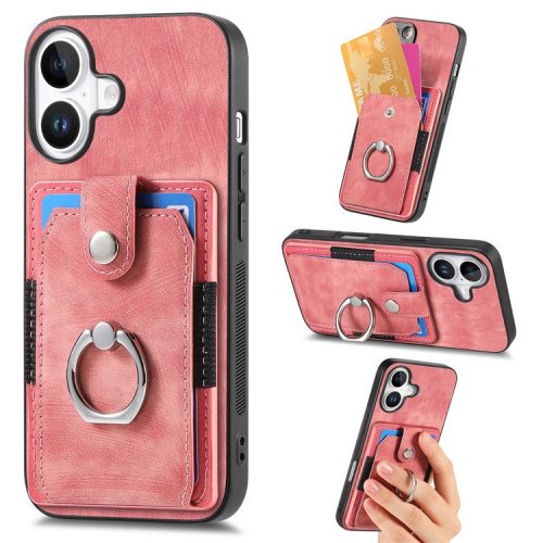 D2 for iPhone 16 Case Kickstand Leather+TPU Non-Slip Protective Cover Card Slots - Pink