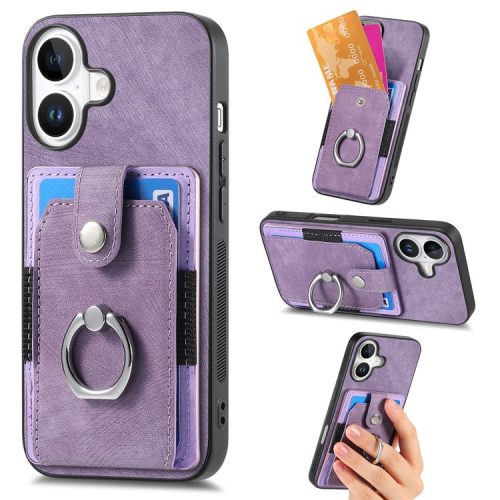 D2 for iPhone 16 Case Kickstand Leather+TPU Non-Slip Protective Cover Card Slots - Purple