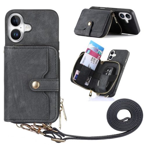 D3 For iPhone 16 Case Zipper Card Holder PU Leather Phone Back Cover with Long Strap - Black