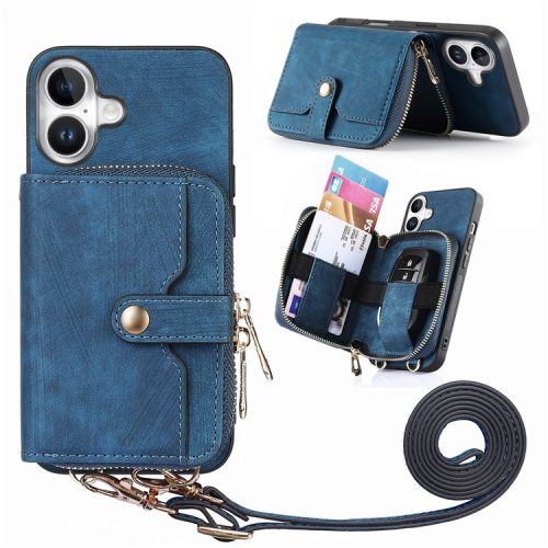 D3 For iPhone 16 Case Zipper Card Holder PU Leather Phone Back Cover with Long Strap - Blue