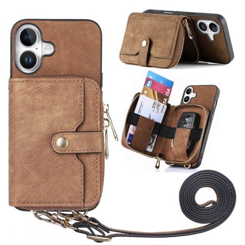 D3 For iPhone 16 Case Zipper Card Holder PU Leather Phone Back Cover with Long Strap - Brown