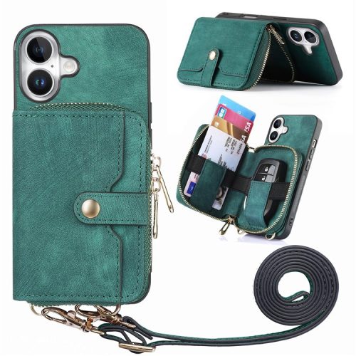 D3 For iPhone 16 Case Zipper Card Holder PU Leather Phone Back Cover with Long Strap - Green