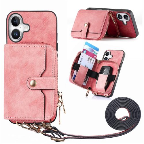 D3 For iPhone 16 Case Zipper Card Holder PU Leather Phone Back Cover with Long Strap - Pink