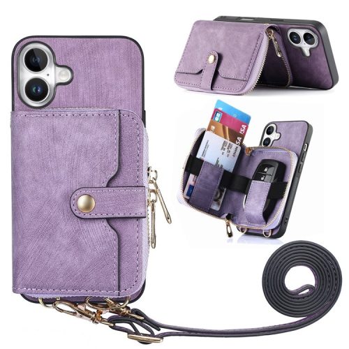 D3 For iPhone 16 Case Zipper Card Holder PU Leather Phone Back Cover with Long Strap - Purple