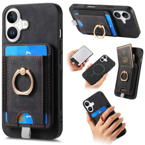 D7 For iPhone 16 Magnetic Case Card Holder Ring Kickstand PU Leather Phone Back Cover - Black