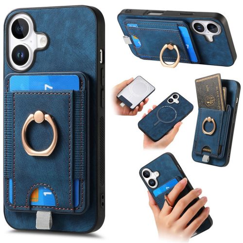 D7 For iPhone 16 Magnetic Case Card Holder Ring Kickstand PU Leather Phone Back Cover - Blue