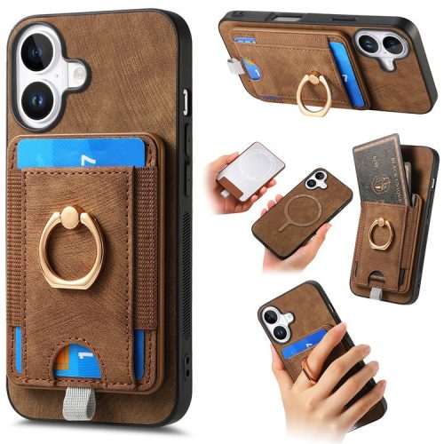 D7 For iPhone 16 Magnetic Case Card Holder Ring Kickstand PU Leather Phone Back Cover - Brown