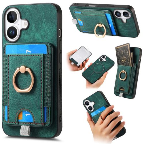 D7 For iPhone 16 Magnetic Case Card Holder Ring Kickstand PU Leather Phone Back Cover - Green