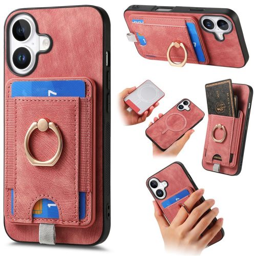 D7 For iPhone 16 Magnetic Case Card Holder Ring Kickstand PU Leather Phone Back Cover - Pink