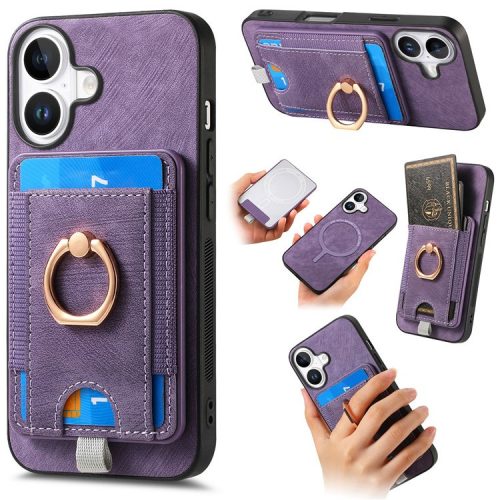 D7 For iPhone 16 Magnetic Case Card Holder Ring Kickstand PU Leather Phone Back Cover - Purple