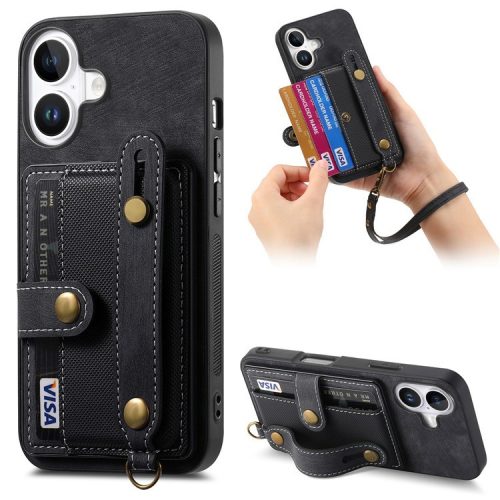 D9 For iPhone 16 Case Wristband Kickstand PU Leather Retro Back Cover Card Holder - Black