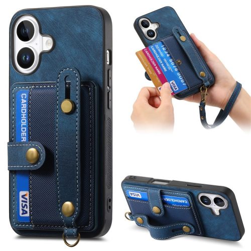 D9 For iPhone 16 Case Wristband Kickstand PU Leather Retro Back Cover Card Holder - Blue