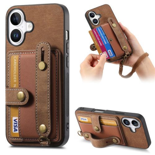 D9 For iPhone 16 Case Wristband Kickstand PU Leather Retro Back Cover Card Holder - Brown