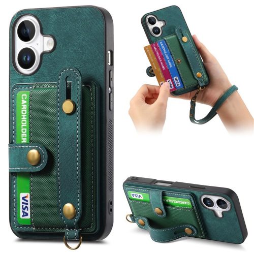 D9 For iPhone 16 Case Wristband Kickstand PU Leather Retro Back Cover Card Holder - Green