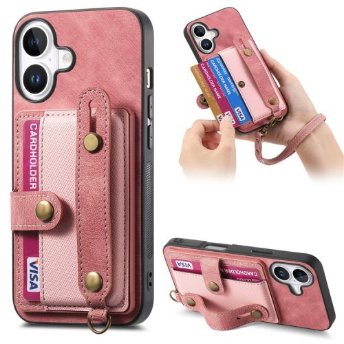 D9 For iPhone 16 Case Wristband Kickstand PU Leather Retro Back Cover Card Holder - Pink