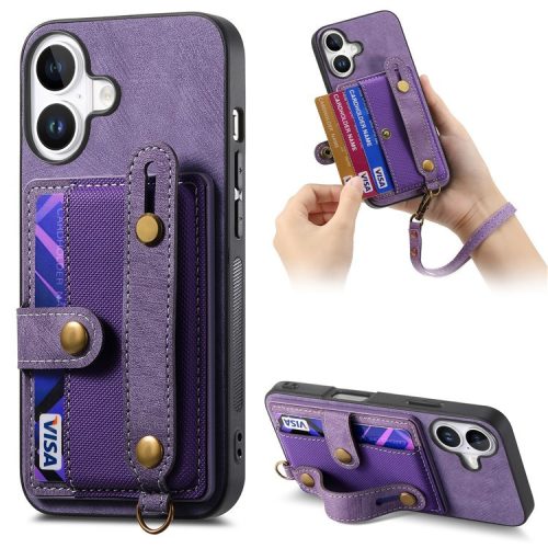 D9 For iPhone 16 Case Wristband Kickstand PU Leather Retro Back Cover Card Holder - Purple