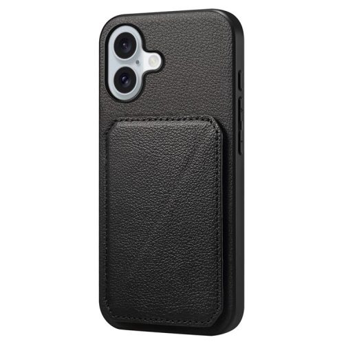 DENIOR D04 For iPhone 16 Case Dual Card Slots Leather+PC+TPU Kickstand Phone Cover - Black