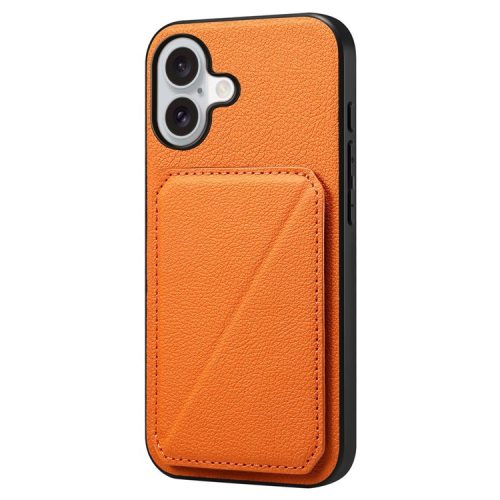 DENIOR D04 For iPhone 16 Case Dual Card Slots Leather+PC+TPU Kickstand Phone Cover - Orange