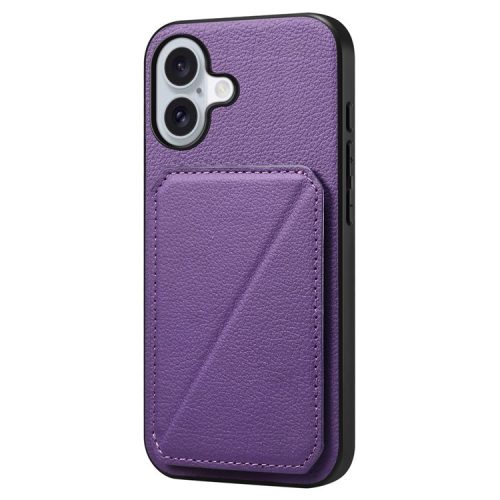 DENIOR D04 For iPhone 16 Case Dual Card Slots Leather+PC+TPU Kickstand Phone Cover - Purple