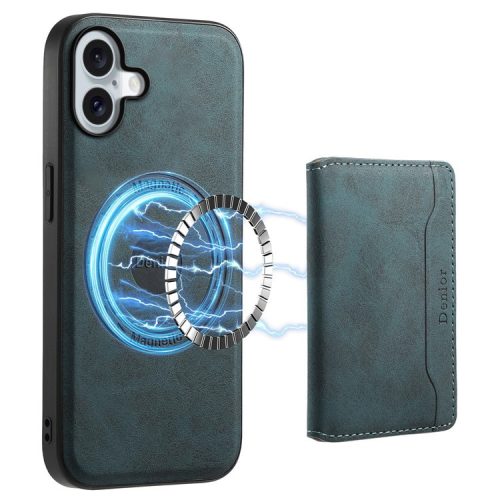 DENIOR D13 For iPhone 16 Magenetic Case Leather+PC+TPU Phone Cover Card Holder Kickstand - Blue