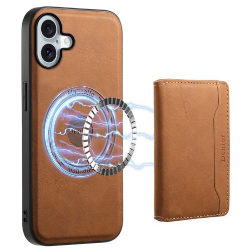 DENIOR D13 For iPhone 16 Magenetic Case Leather+PC+TPU Phone Cover Card Holder Kickstand - Brown