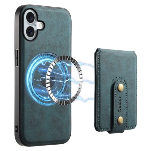 DENIOR D14 For iPhone 16 Case Kickstand Card Holder Retro Leather Back Phone Cover - Blue