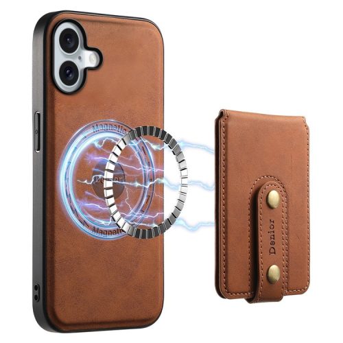 DENIOR D14 For iPhone 16 Case Kickstand Card Holder Retro Leather Back Phone Cover - Brown