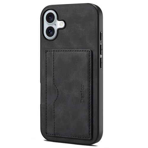 DENIOR For iPhone 16 Case Card Holder Kickstand Retro Leather+PC+TPU Phone Cover - Black