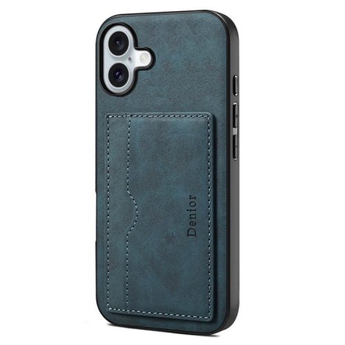 DENIOR For iPhone 16 Case Card Holder Kickstand Retro Leather+PC+TPU Phone Cover - Blue