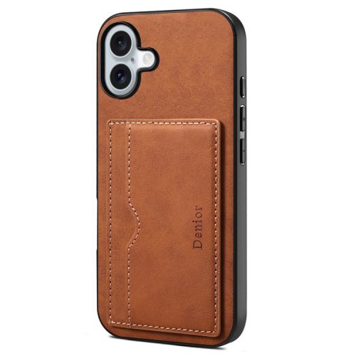 DENIOR For iPhone 16 Case Card Holder Kickstand Retro Leather+PC+TPU Phone Cover - Brown