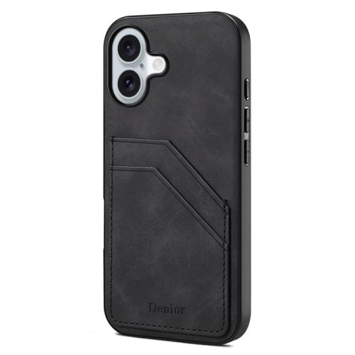 DENIOR For iPhone 16 Case Dual Card Slots PU Leather+TPU+PC Phone Cover - Black