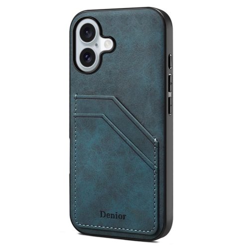 DENIOR For iPhone 16 Case Dual Card Slots PU Leather+TPU+PC Phone Cover - Blue