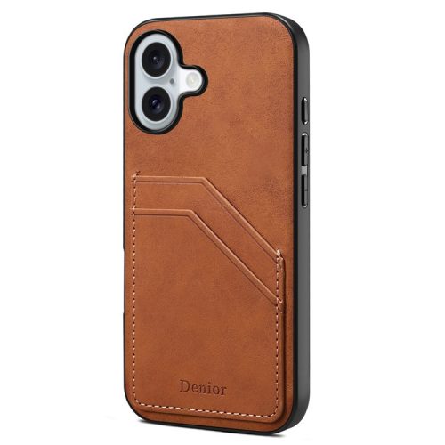 DENIOR For iPhone 16 Case Dual Card Slots PU Leather+TPU+PC Phone Cover - Brown