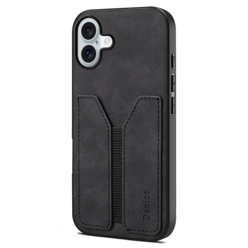 DENIOR For iPhone 16 Case Elastic Card Holder PU Leather+TPU+PC Phone Cover - Black