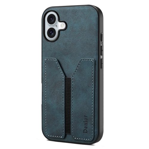 DENIOR For iPhone 16 Case Elastic Card Holder PU Leather+TPU+PC Phone Cover - Blue