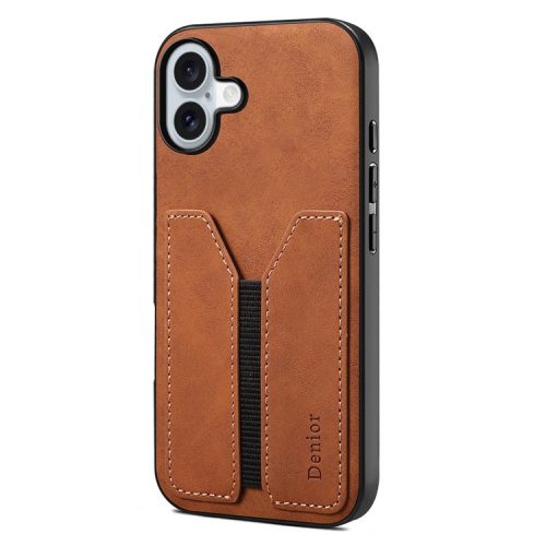 DENIOR For iPhone 16 Case Elastic Card Holder PU Leather+TPU+PC Phone Cover - Brown