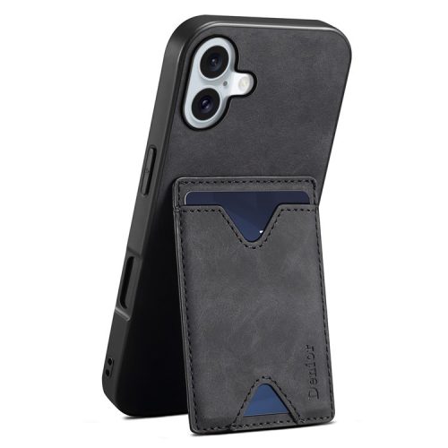 DENIOR For iPhone 16 Case Leather+TPU Card Slot Kickstand Phone Cover - Black