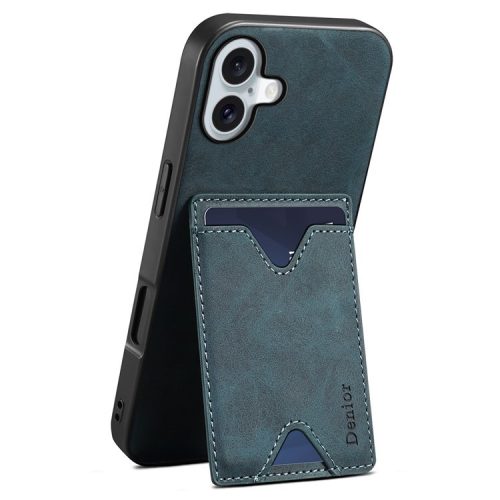 DENIOR For iPhone 16 Case Leather+TPU Card Slot Kickstand Phone Cover - Blue