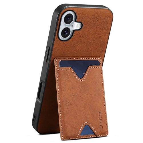 DENIOR For iPhone 16 Case Leather+TPU Card Slot Kickstand Phone Cover - Brown